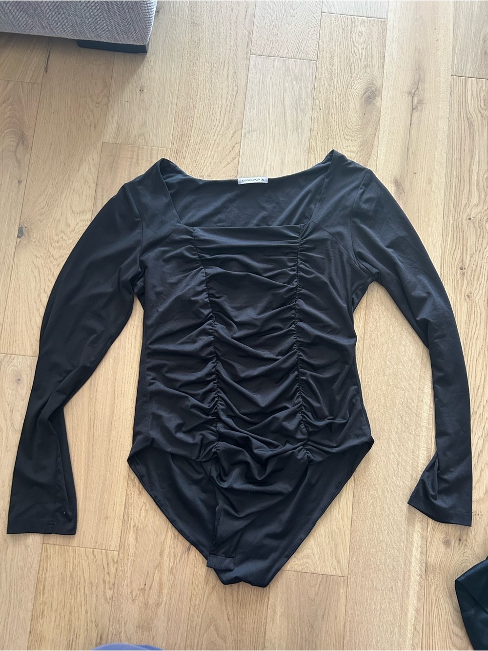Ruched Long-Sleeve Black Bodysuit